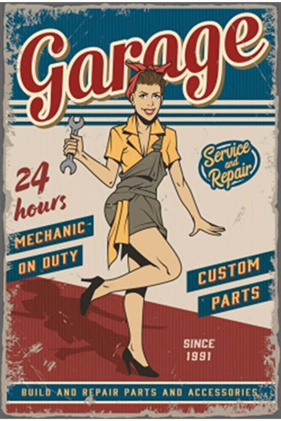 Pin Up Kızı Garaj Retro Ahşap Poster