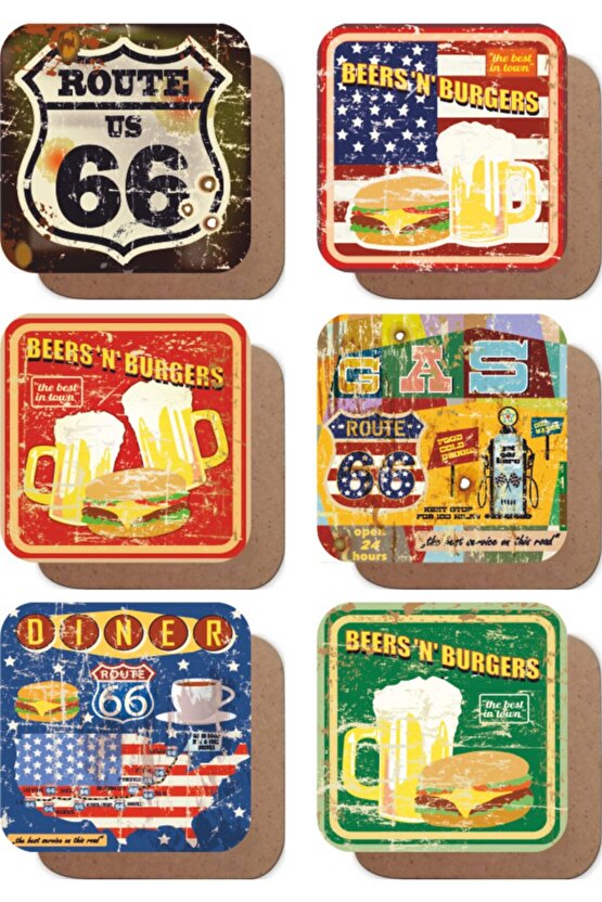 Route 66 Lokanta Bira Hamburger Temalı Retro 6lı Ahşap Bardak Altlığı Seti