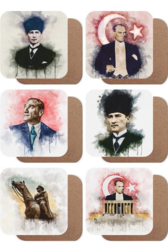 Mustafa Kemal Atatürk Yağlıboya 6lı Ahşap Bardak Altlığı Seti