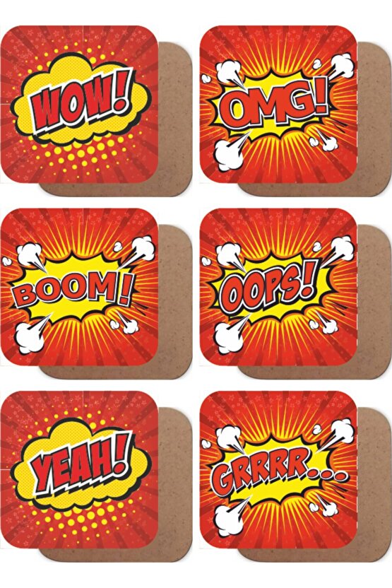 Pop Art Wow Omg Boom Ops Yeah Grrr 6lı Ahşap Bardak Altlığı Seti