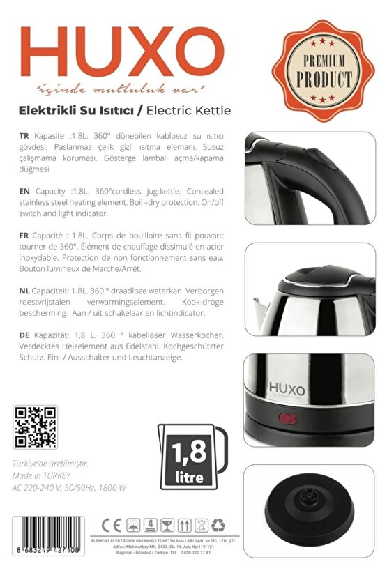 Elektrikli Su Isıtıcı Paslanmaz Çelik Kettle 500 W gücünde, 1,8 Litre Kapasiteli