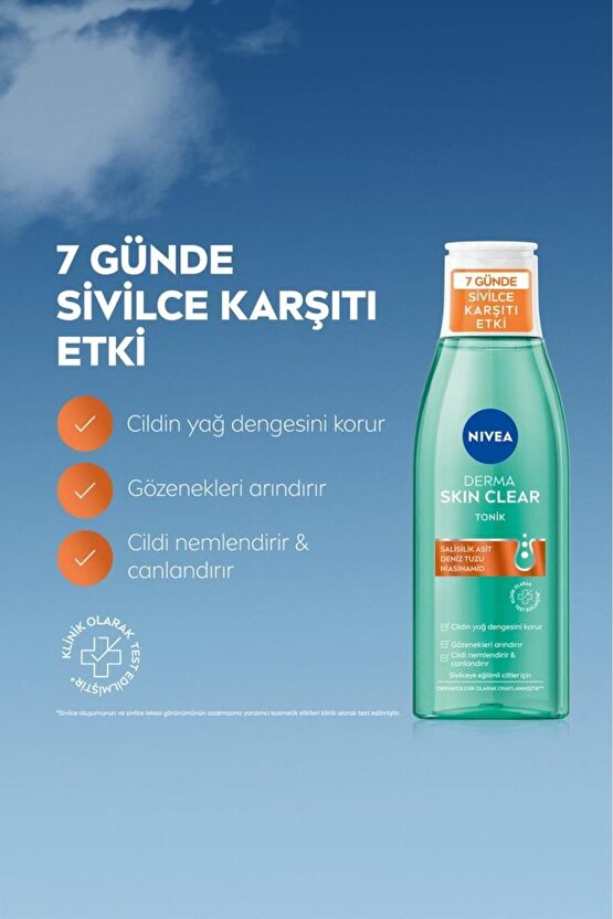 Derma Skin Clear Sivilce Karşıtı Tonik 200ml,Salisilik Asit,Niasinamid,Deniz Tuzu,Gözenek Arındırıcı