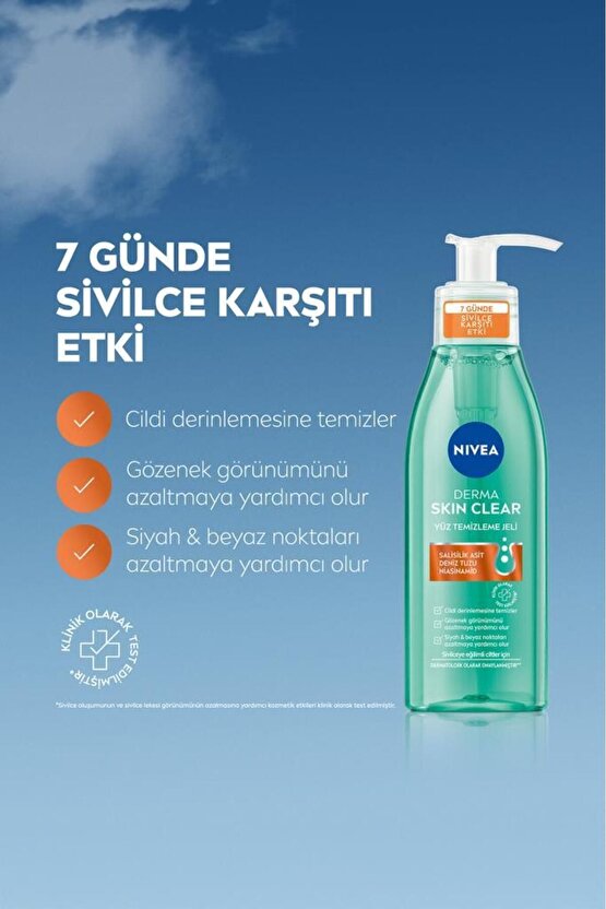 Derma Skin Clear Sivilce Karşıtı Yüz Temizleme Jeli 150ml, Gözenek Arındırıcı, Yağlı ve Karma Cilt