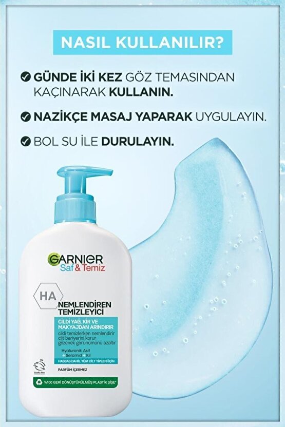 Saf& Temiz Nemlendiren Temizleyici [ Hyaluronik Asit Seramid Kil] 250 ml Yüz Temizleme Jeli