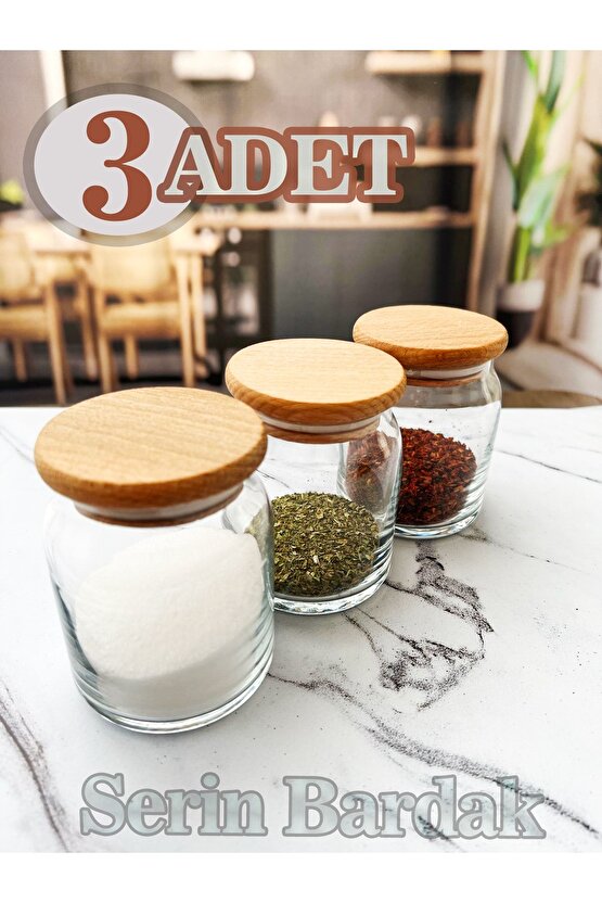 3 Adet Bambu Kapaklı Cam Baharatlık