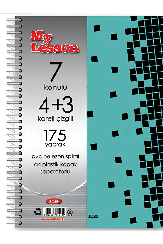 My Lesson Pp Kapak A4 4+3 175 Yaprak Spiralli 7 Bölmeli Ayraçlı Kareli Çzgili Defter