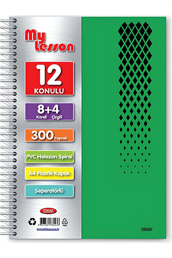 My Lesson PP Kapak A4 Spiralli Defter - 12 Bölmeli, 300 Yaprak, Kareli & Çizgili Sayfalar