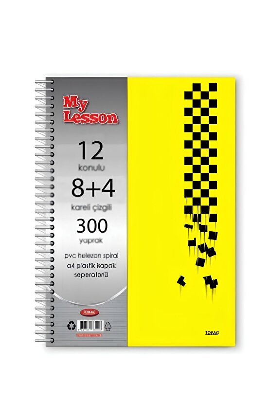 My Lesson PP Kapak A4 Spiralli Defter - 12 Bölmeli, 300 Yaprak, Kareli & Çizgili Sayfalar