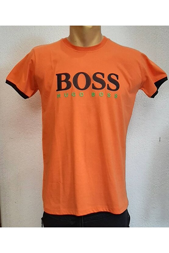 Turuncu Kabartma Baskılı Kısa Kol T-shirt