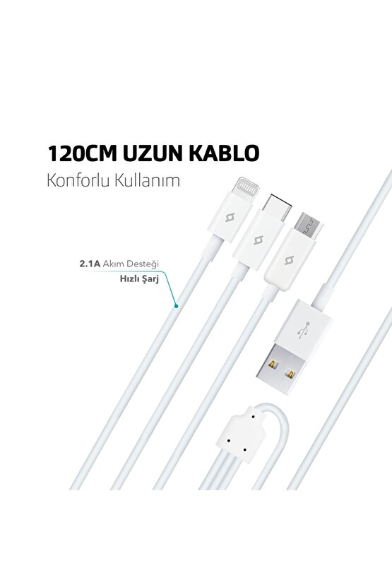 Trio Şarj Kablosu Usb-a - Usb-c  Lightning  Micro Usb