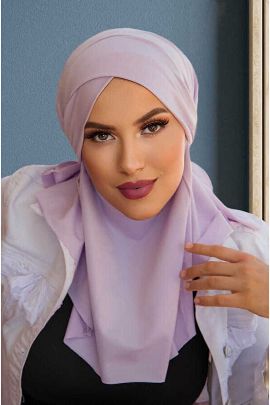 Lila Çapraz Bantlı Medium Size Hijab - Hazır Şal