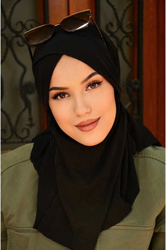 Siyah Bürümcük Çapraz Bantlı Medium Size Hijab - Hazır Şal