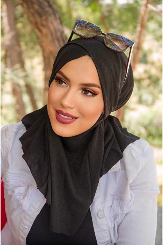 Siyah Çapraz Bantlı Medium Size Hijab - Hazır Şal