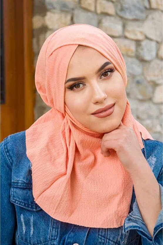 Somon Bürümcük Çapraz Bantlı Medium Size Hijab - Hazır Şal