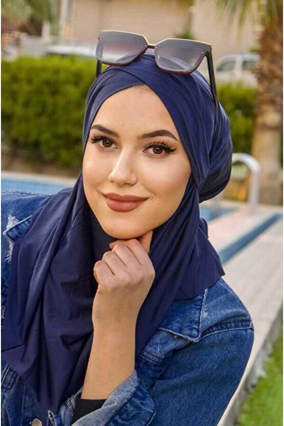 Lacivert Çapraz Bantlı Medium Size Hijab - Hazır Şal