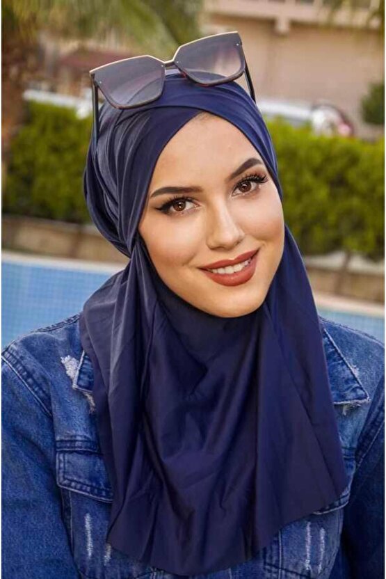 Lacivert Çapraz Bantlı Medium Size Hijab - Hazır Şal