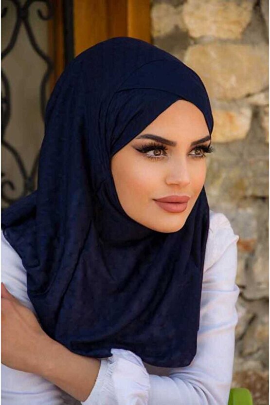 Lacivert Ponpon Çapraz Bantlı Medium Size Hijab - Hazır Şal