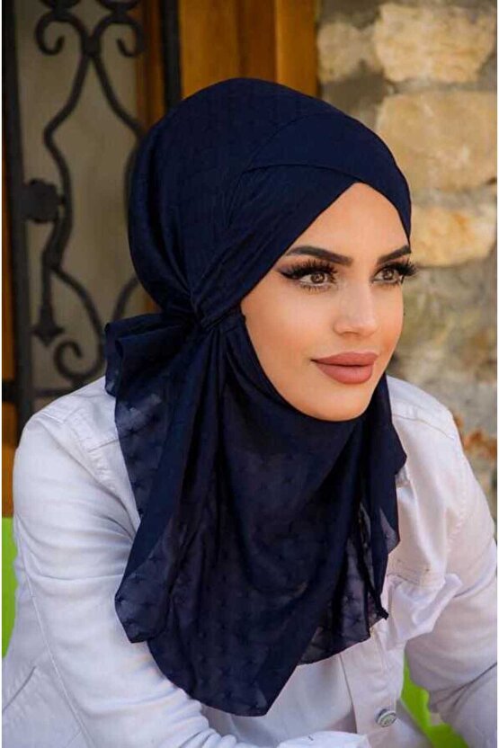 Lacivert Ponpon Çapraz Bantlı Medium Size Hijab - Hazır Şal