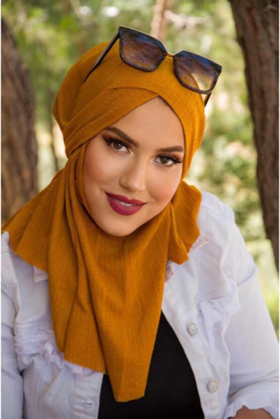 Hardal Bürümcük Çapraz Bantlı Medium Size Hijab - Hazır Şal