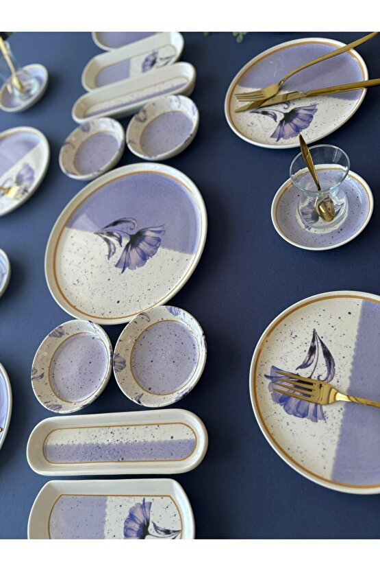 Poppy Model 6 Kişilik 21 Parça Tea Plate Kahvaltı Takımı (Purple)