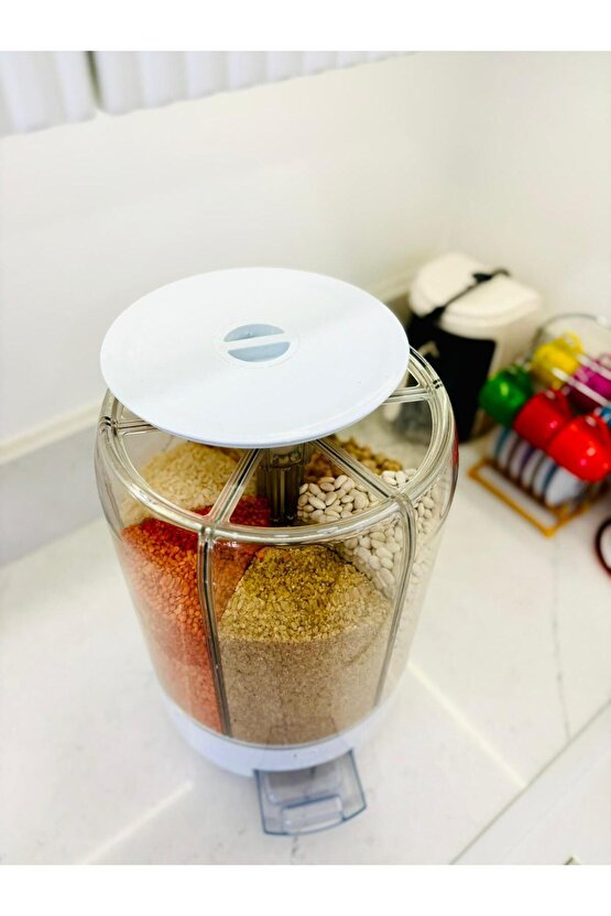 Erzak Saklama Kabı 10 Kg 360° Döner Kuru Gıda Organizeri (6 Bölmeli)