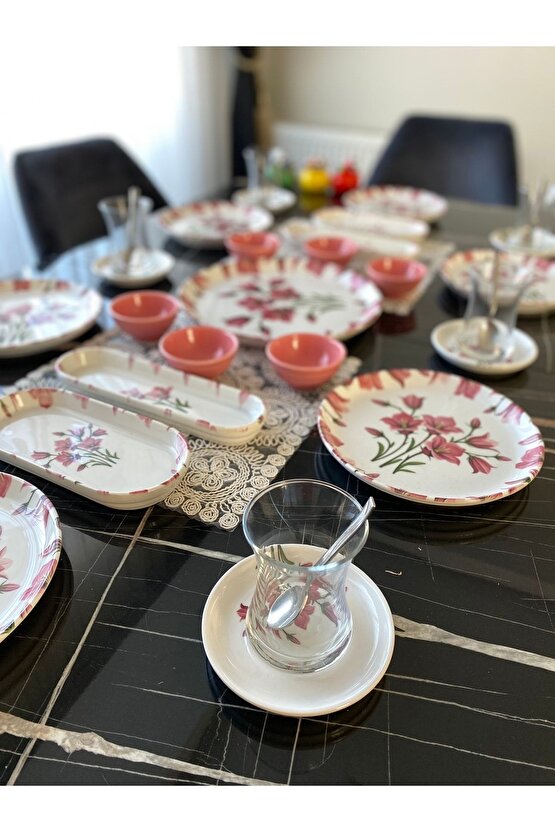 Pembe Nergis 6 Kişilik 23 Parça Dijital Baskı Kahvaltı Takımı