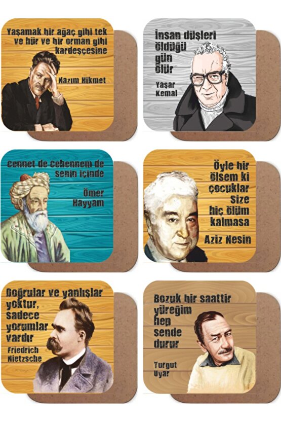 Nazım Hikmet, Yaşar Kemal, Aziz Nesi Edebiyat Temalı 6lı Ahşap Bardak Altlığı Seti