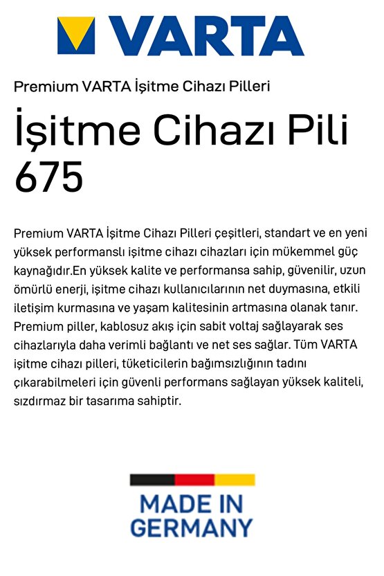 Kulaklık Pili, 675 Numara Işitme Cihazı Pili, 6 Adet, Yüksek Kalite