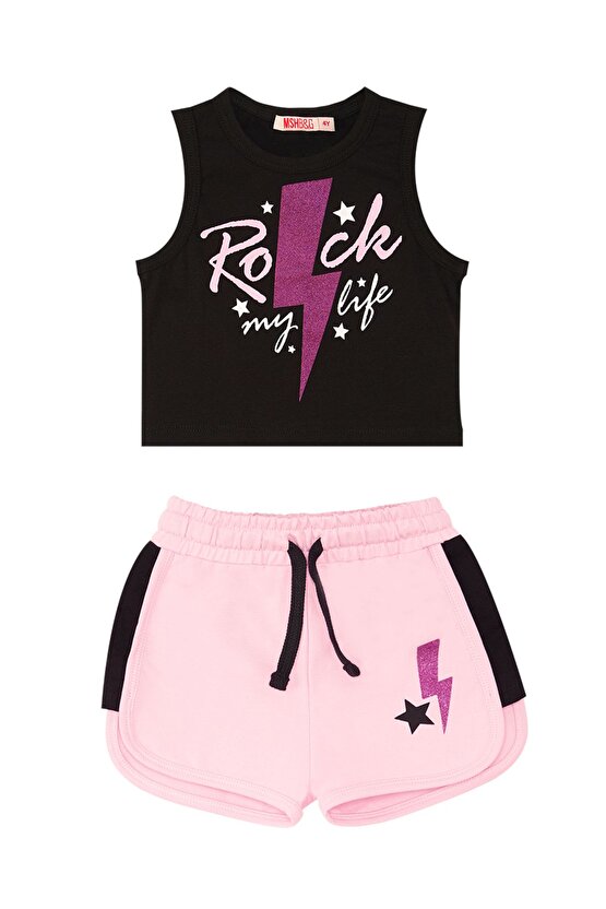 Rock Life Kız Çocuk Siyah Pembe Yazlık Crop T-shirt Şort Takım