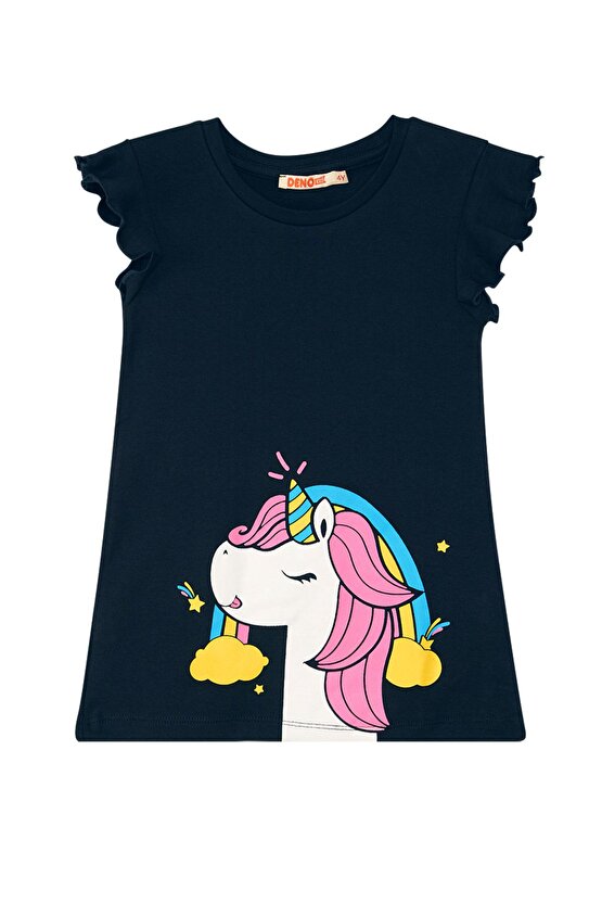 Fırfırlı Unicorn Gücü Kız Çocuk Yazlık T-shirt Tayt Takım