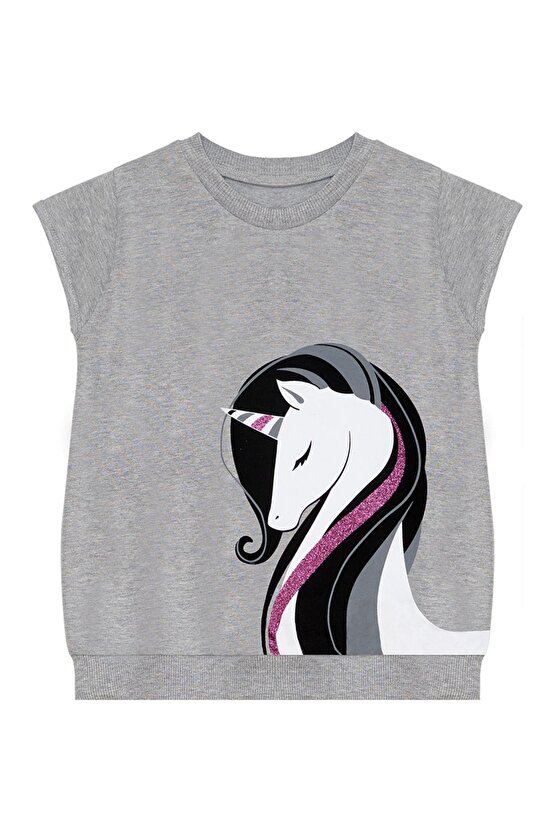 Çizgili Unicorn Kız Çocuk Gri Siyah Yazlık T-shirt Tayt Takım