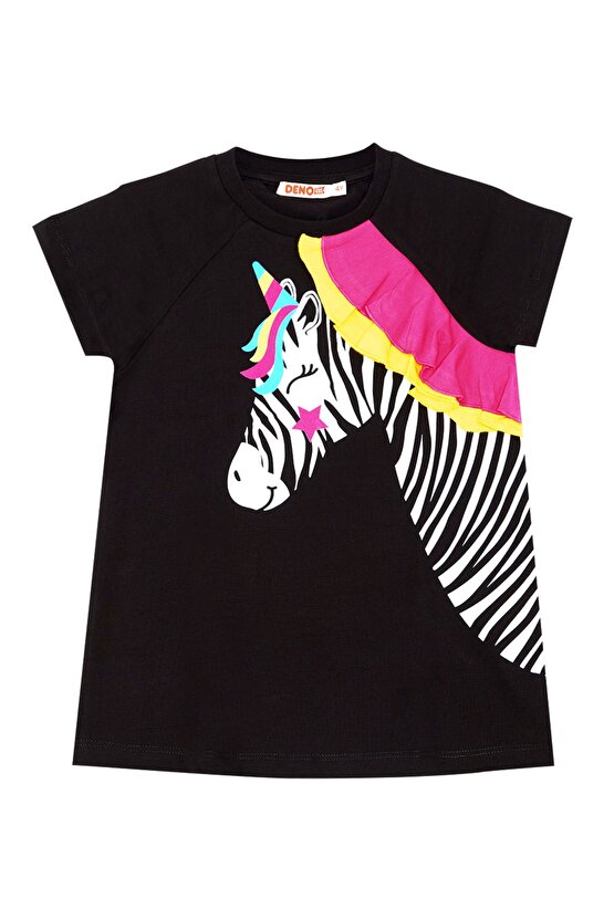 Zebracorn Siyah Sarı Fırfılı Kız Çocuk Yazlık T-Shirt Tunik Tayt Takım