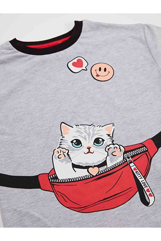 Çantada Kedi Kız Çocuk T-shirt Pantolon Takım