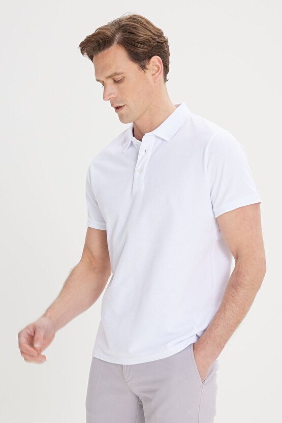 Erkek Beyaz %100 Pamuk Kıvrılmaz Pike Polo Yaka Slim Fit Dar Kesim Tişört