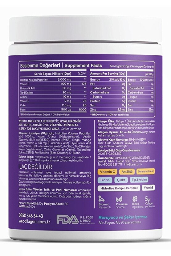 ® Toz 5000 Mg Kolajen Tip1-2-3 Arı Sütü Biotin %100 Saf Ve Doğal Diyet Takviyesi 30 Gün