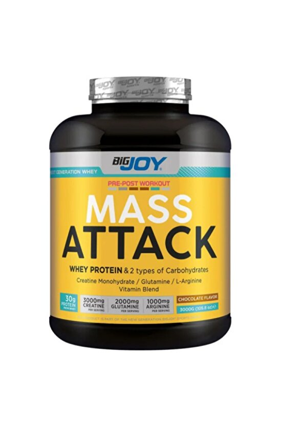 Mass-ATTACK 3000gr Çikolata -30gr Whey Protein-54.42gr Karbonhidrat-3gr Kreatin-2gr Glutamin