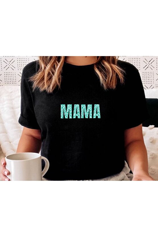 MAMA Baskılı Oversize Siyah T-shirt - Mavi Mama