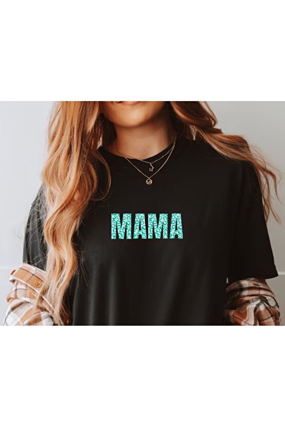 MAMA Baskılı Oversize Siyah T-shirt - Mavi Mama