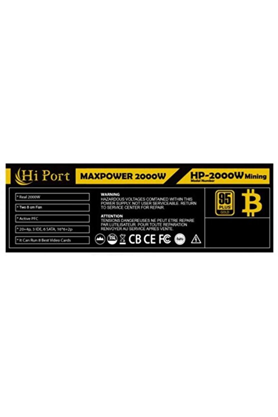 Maxpower 2000w 1x 20 4pin, 3x Ide, 6x Sata, 16x 6 2p Mining Powersuply Kutulu