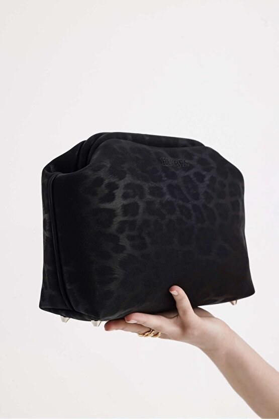 Heybes Kadın Siyah Leopar Desenli Deri Clutch El Çantası