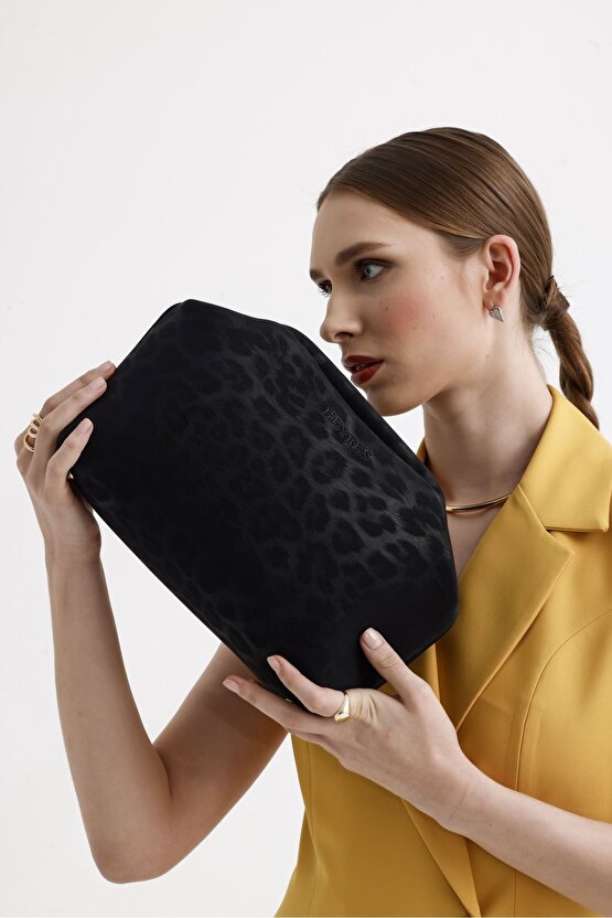 Heybes Kadın Siyah Leopar Desenli Deri Clutch El Çantası