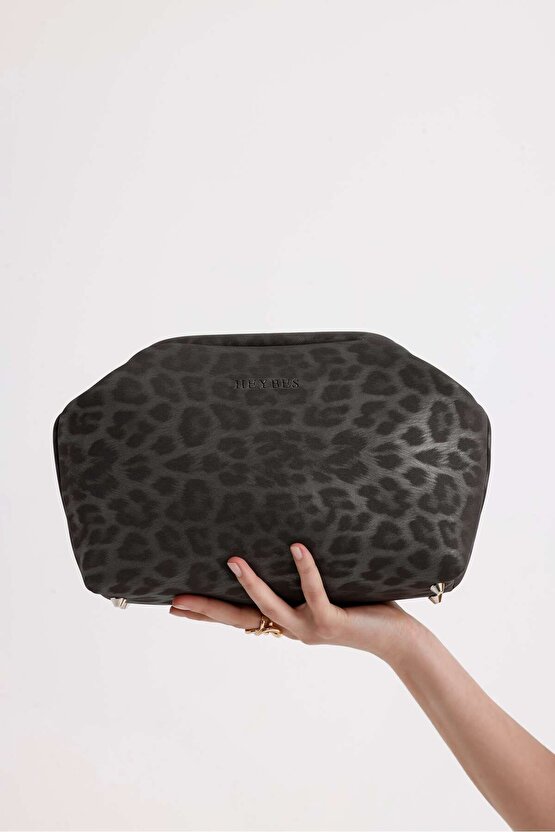 Heybes Kadın Gri Leopar Desenli Deri Clutch El Çantası