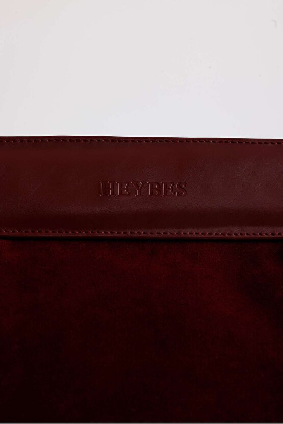 Heybes Kadın Bordo Deri Detaylı Süet Clutch El Çantası