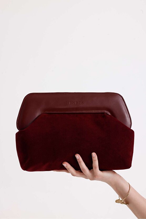 Heybes Kadın Bordo Deri Detaylı Süet Clutch El Çantası