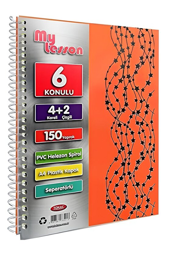 My Lesson Pp Kapak A4 4+2 150 Yaprak Spiralli 6 Bölmeli Ayraçlı Kareli Çzgili Defter