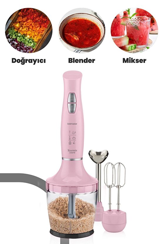 Yasemin 1000 Watt Sessiz Hız Ayarlı 3 In 1 Doğrama Karıştırma Blender Seti Pembe