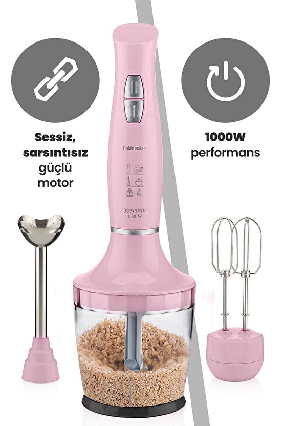 Yasemin 1000 Watt Sessiz Hız Ayarlı 3 In 1 Doğrama Karıştırma Blender Seti Pembe