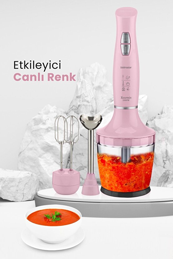 Yasemin 1000 Watt Sessiz Hız Ayarlı 3 In 1 Doğrama Karıştırma Blender Seti Pembe