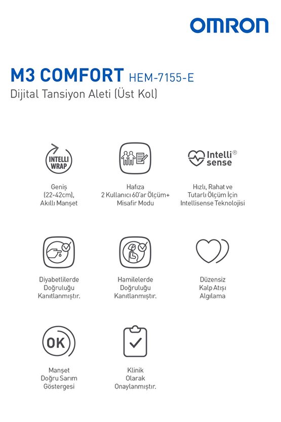 M3 Comfort 2 Kullanıcı Hafızalı Manşetli Üst Koldan Ölçer Dijital Tansiyon Aleti HEM-7155-E