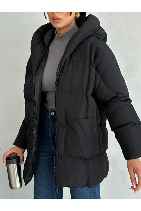 Puffer Yarasa Şişme Siyah Oversize Mont